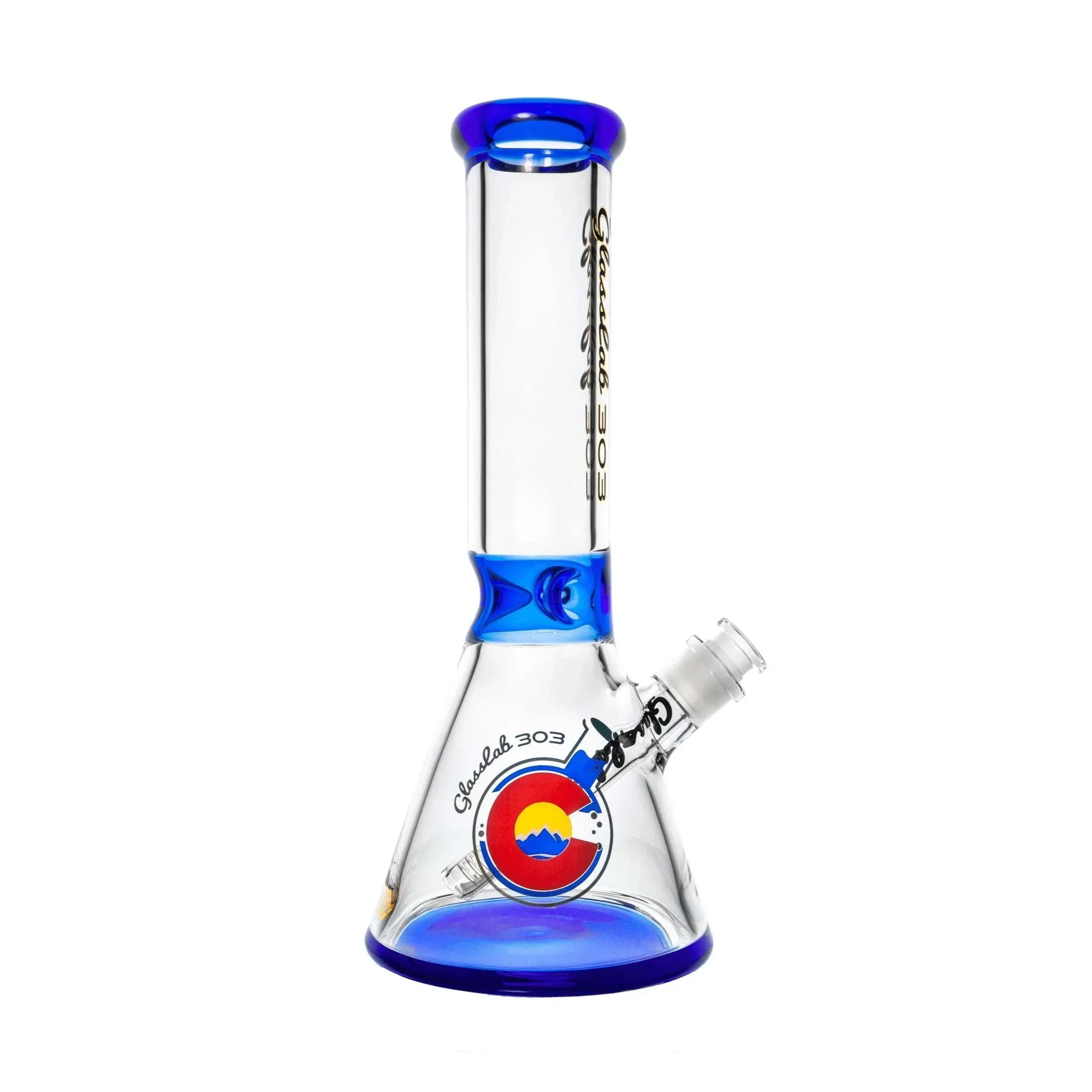 Clear beaker glass water pipe with blue accents and Colorado logo, cannabis accessory
