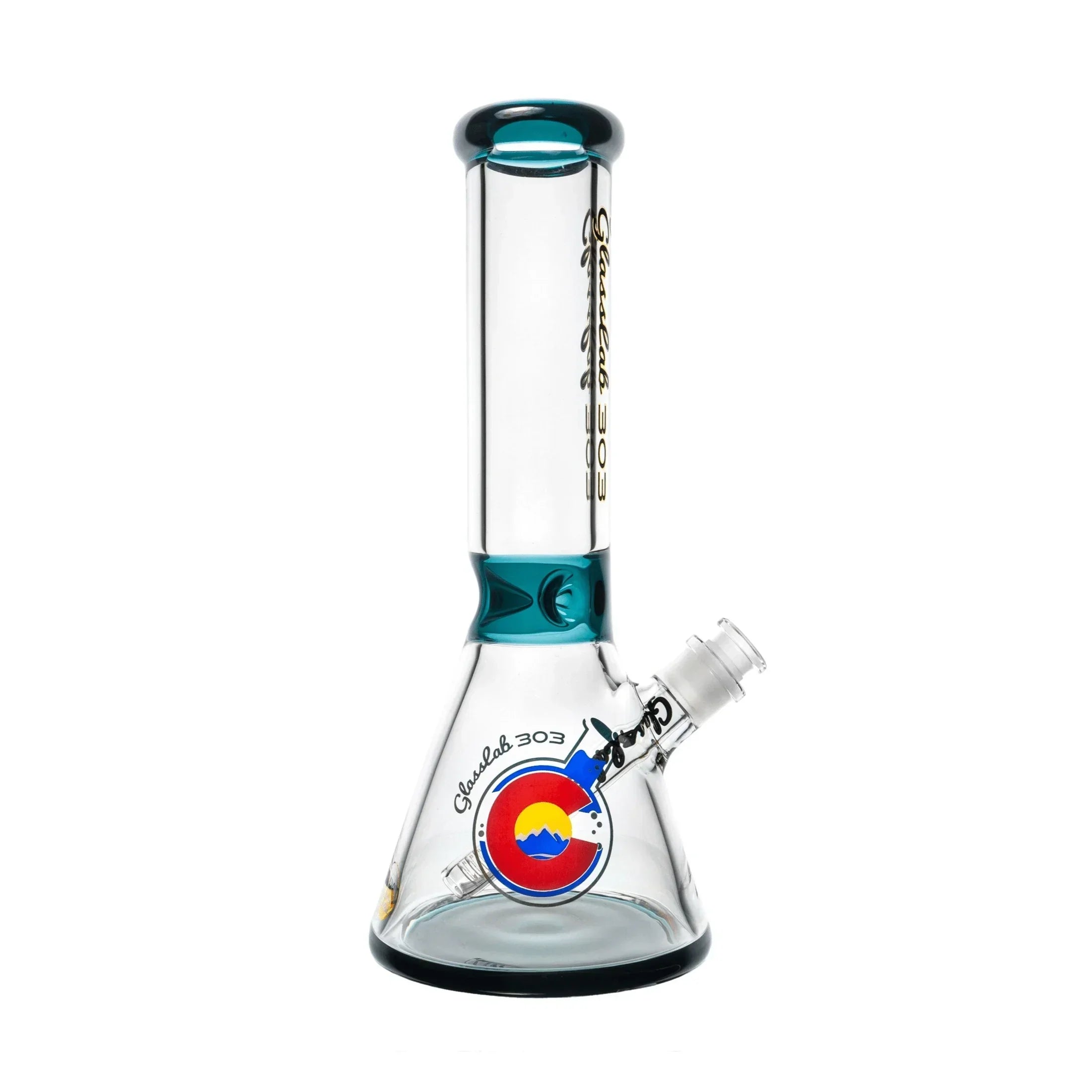 Clear glass beaker bong with teal accents and Colorado-inspired logo, isolated on white background.
