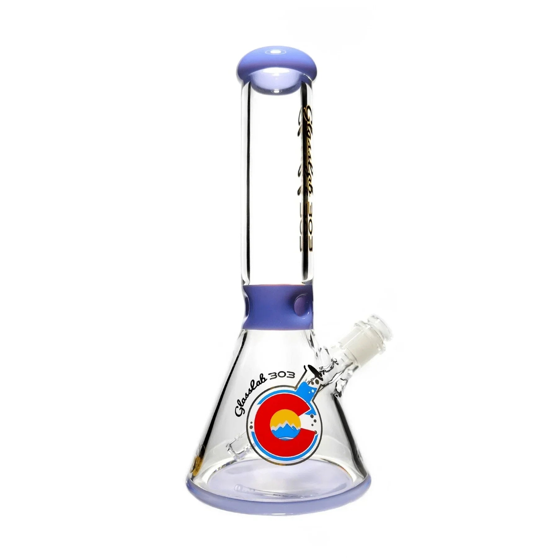 Beaker glass water pipe with purple accents and Colorado logo on clear body