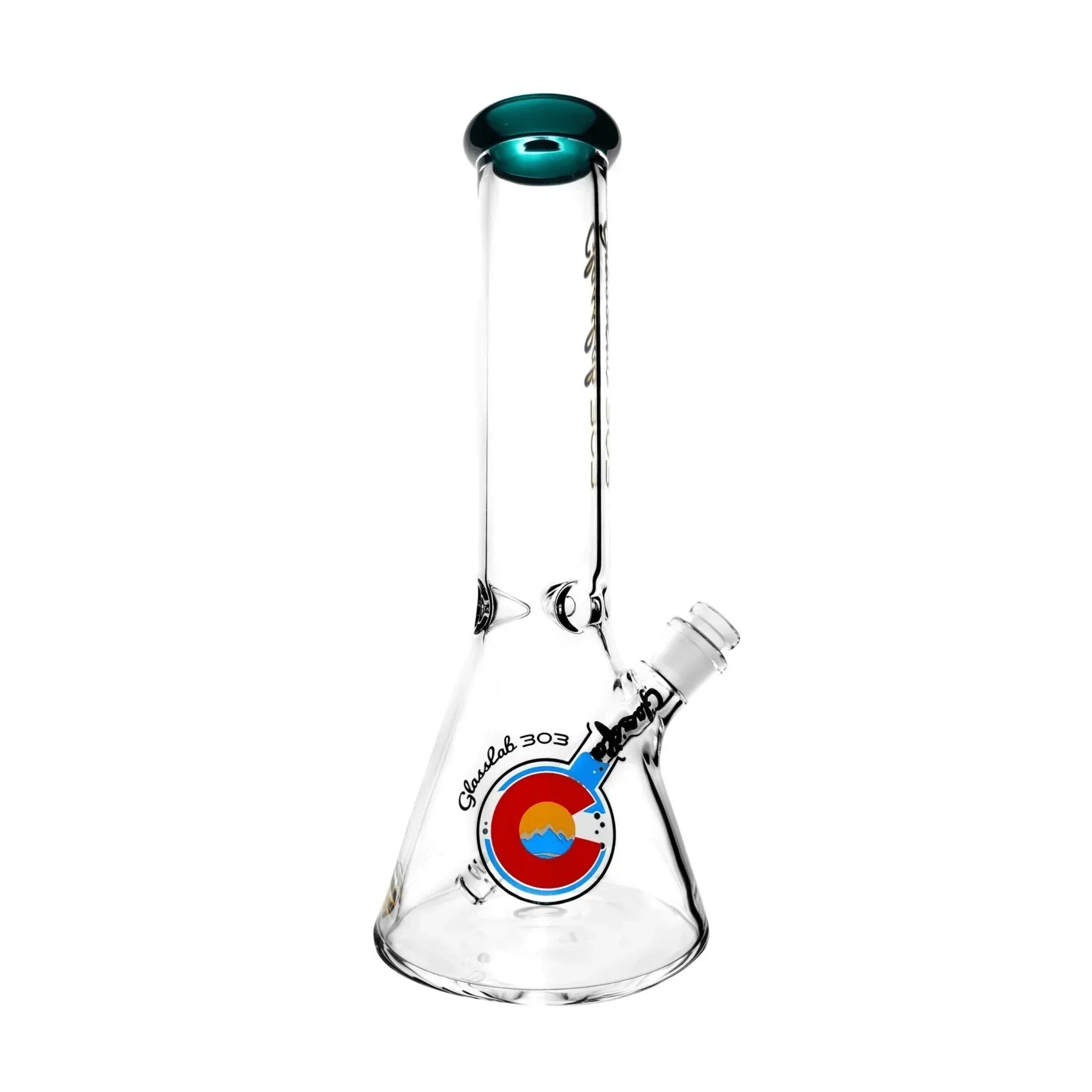 Clear beaker glass water pipe with colored logo and teal accent on mouthpiece