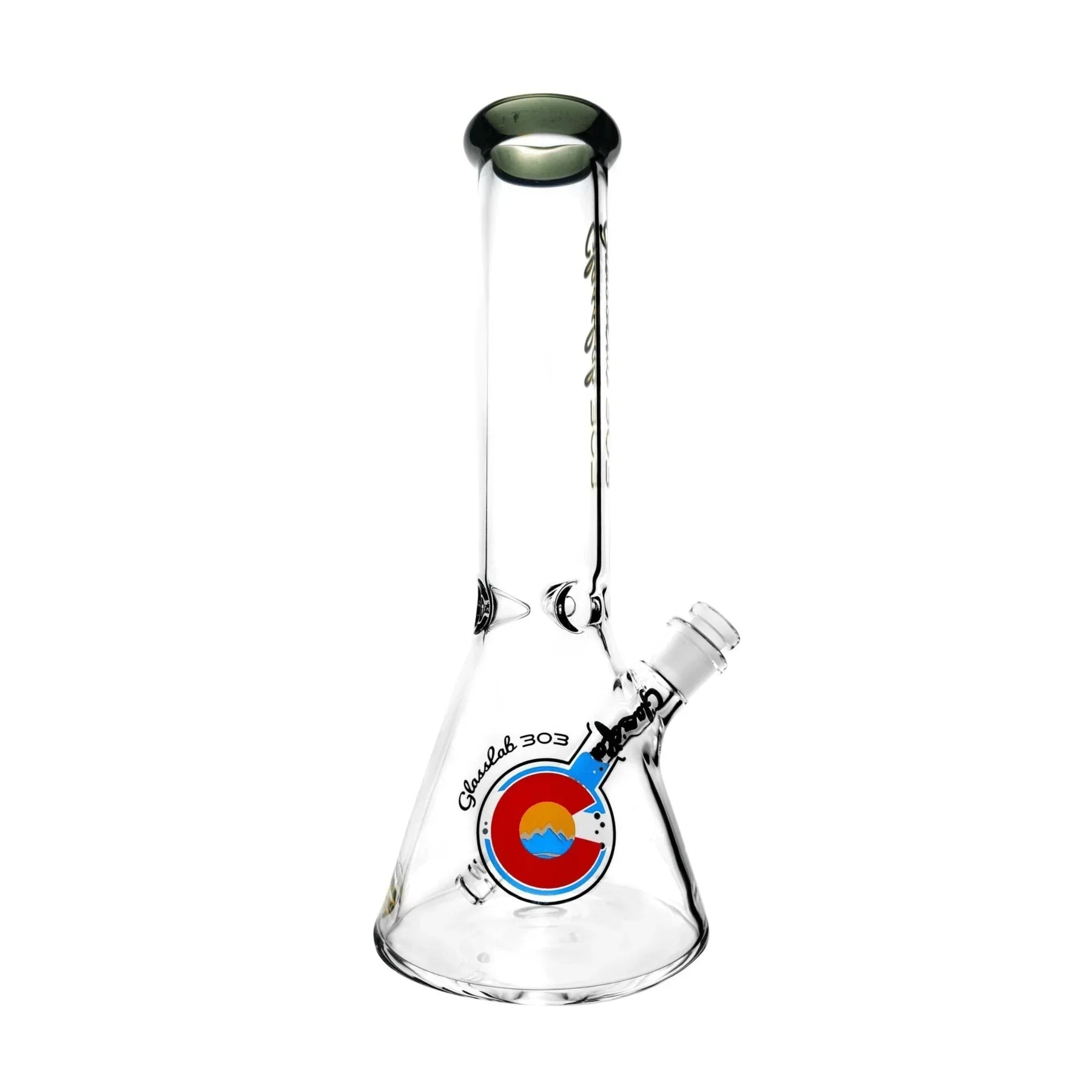 Clear glass beaker water pipe with Colorado logo and angled downstem on white background