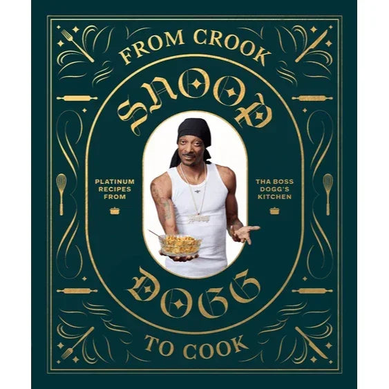 Cookbook cover featuring a man holding a dish, with gold text and ornate green design