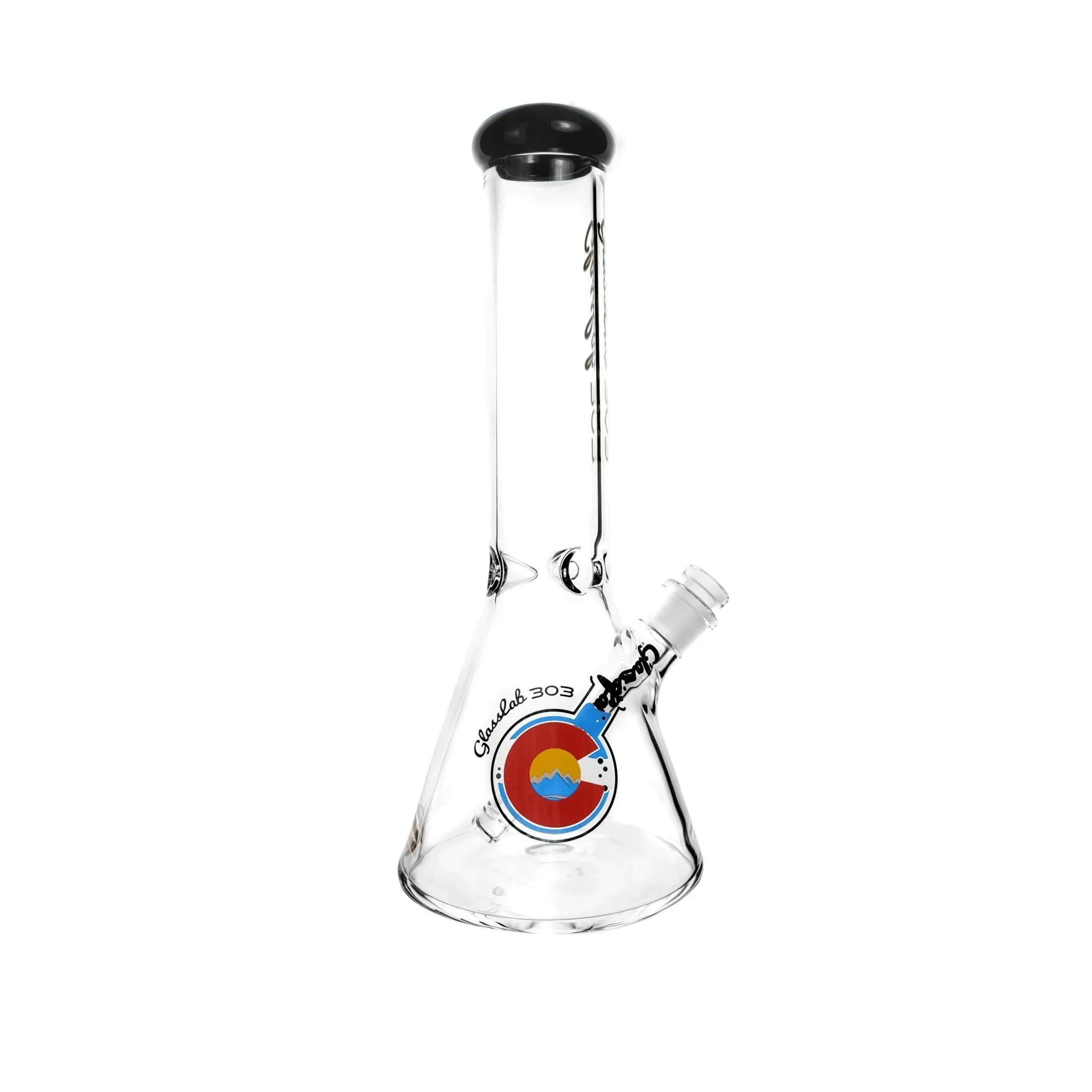Clear glass beaker bong with Colorado flag logo and black mouthpiece on white background
