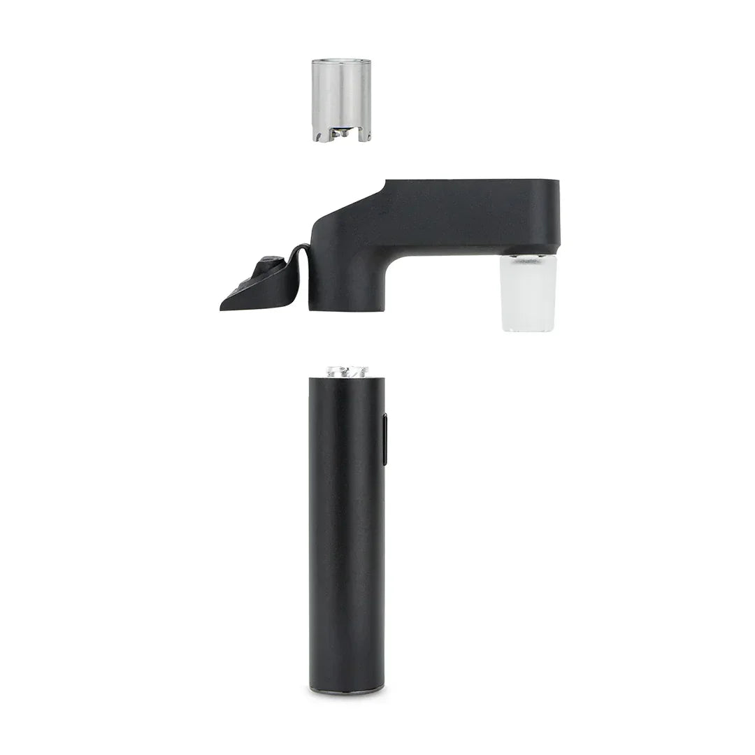 Black electronic vaporizer attachment kit with separated components on white background