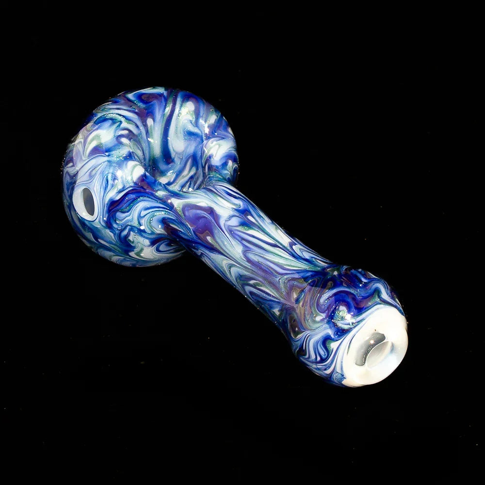 Blue marble glass hand pipe with swirling patterns on a black background