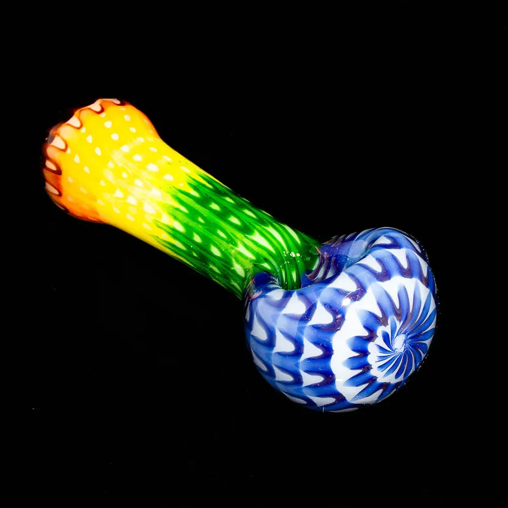 Rainbow wrap glass spoon pipe with blue and white swirl bowl on black background