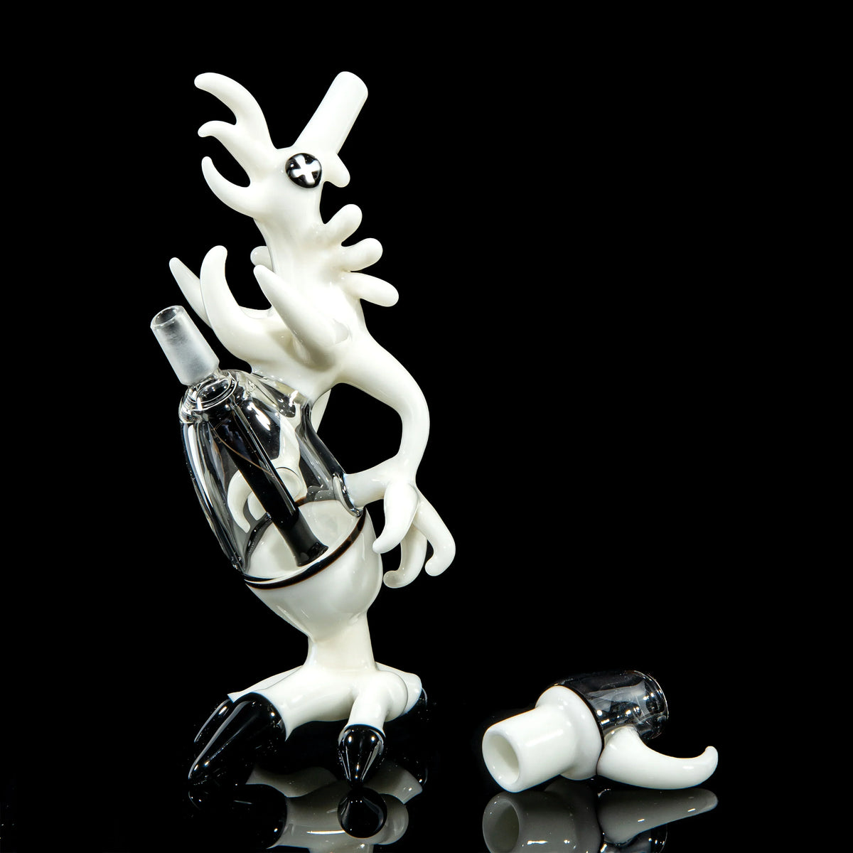 Black and white glass chicken sculpture with detachable part, artistic smoking accessory