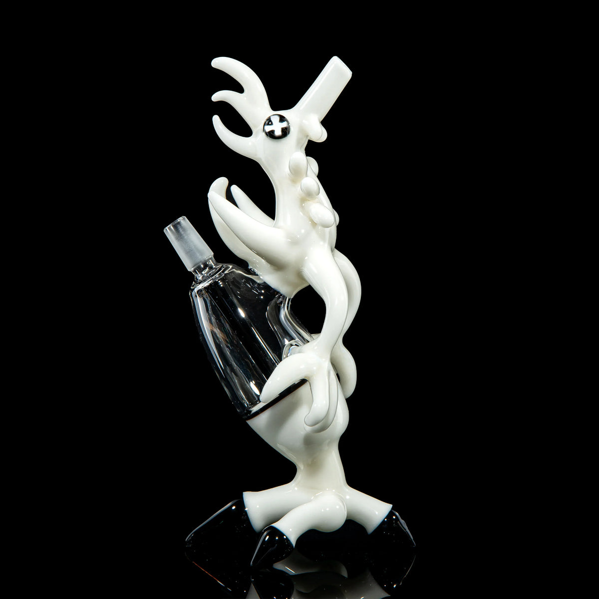 Unique black and white glass art pipe with abstract chicken design on black background
