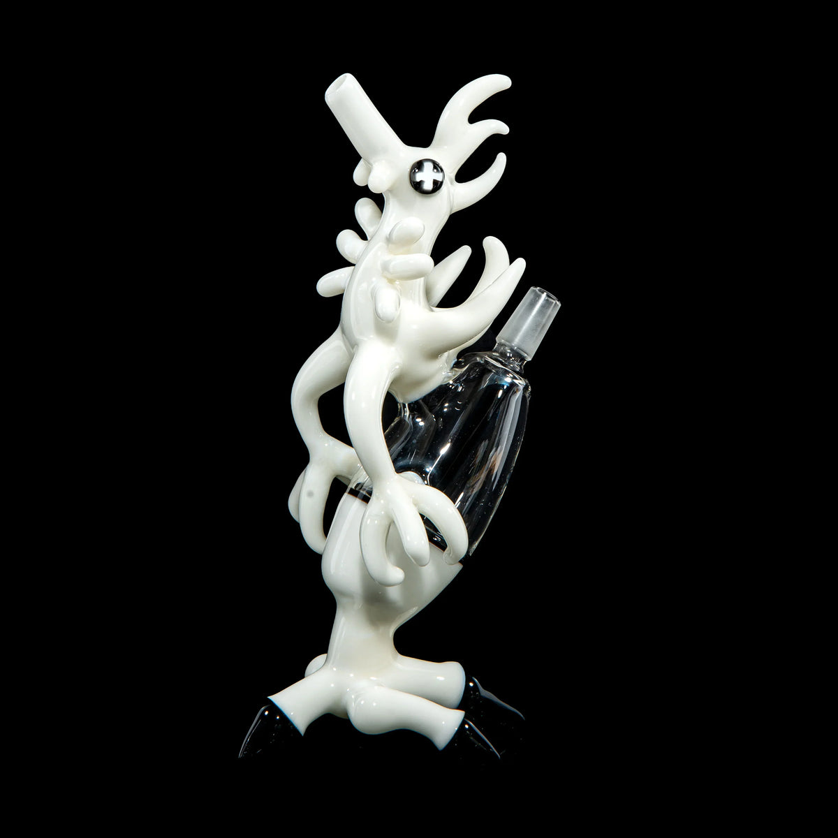 Unique black and white glass water pipe with abstract, chicken-inspired design on black background