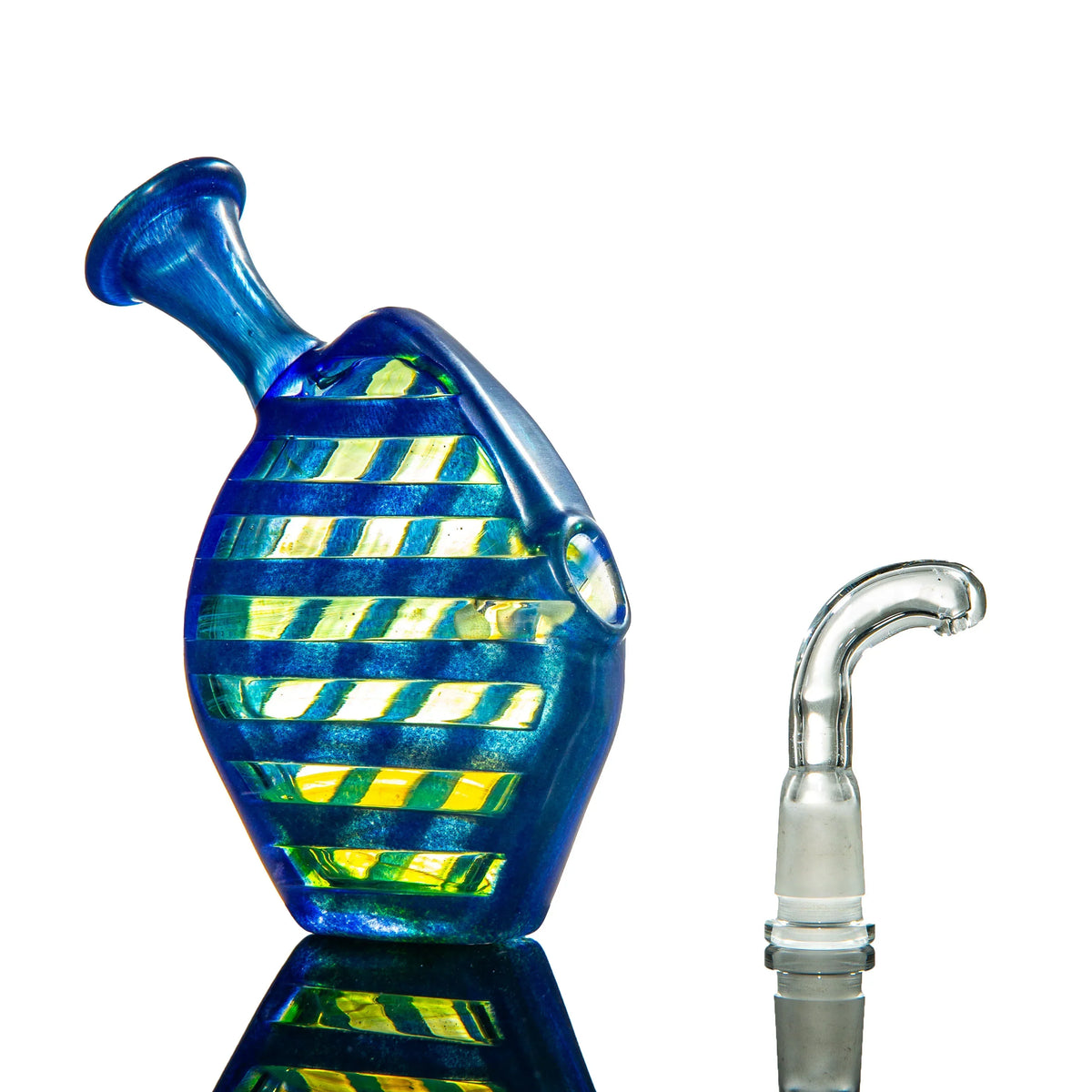 Blue and yellow striped glass water pipe with a clear glass attachment on white background