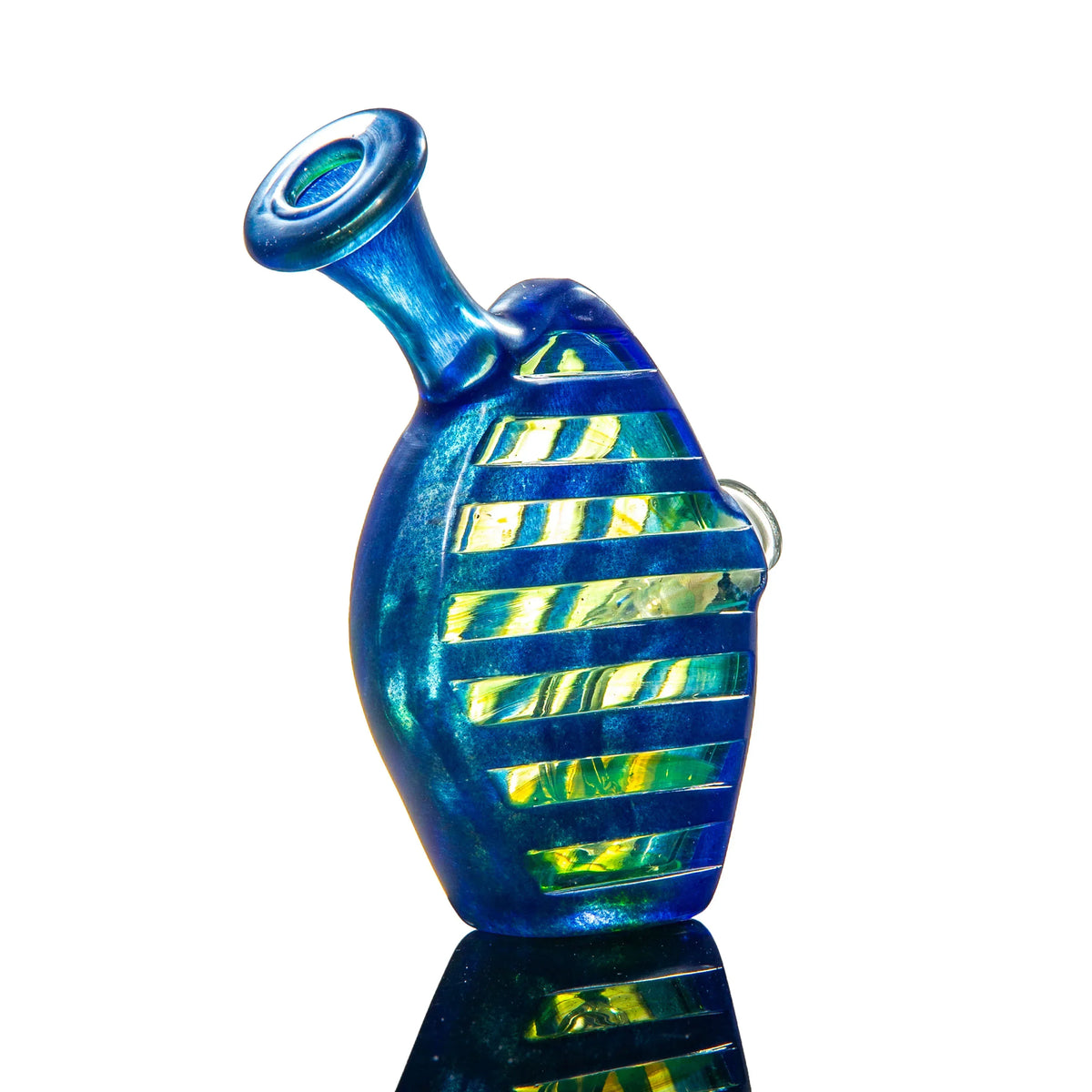 Blue and yellow artistic glass pipe with striped design on white background
