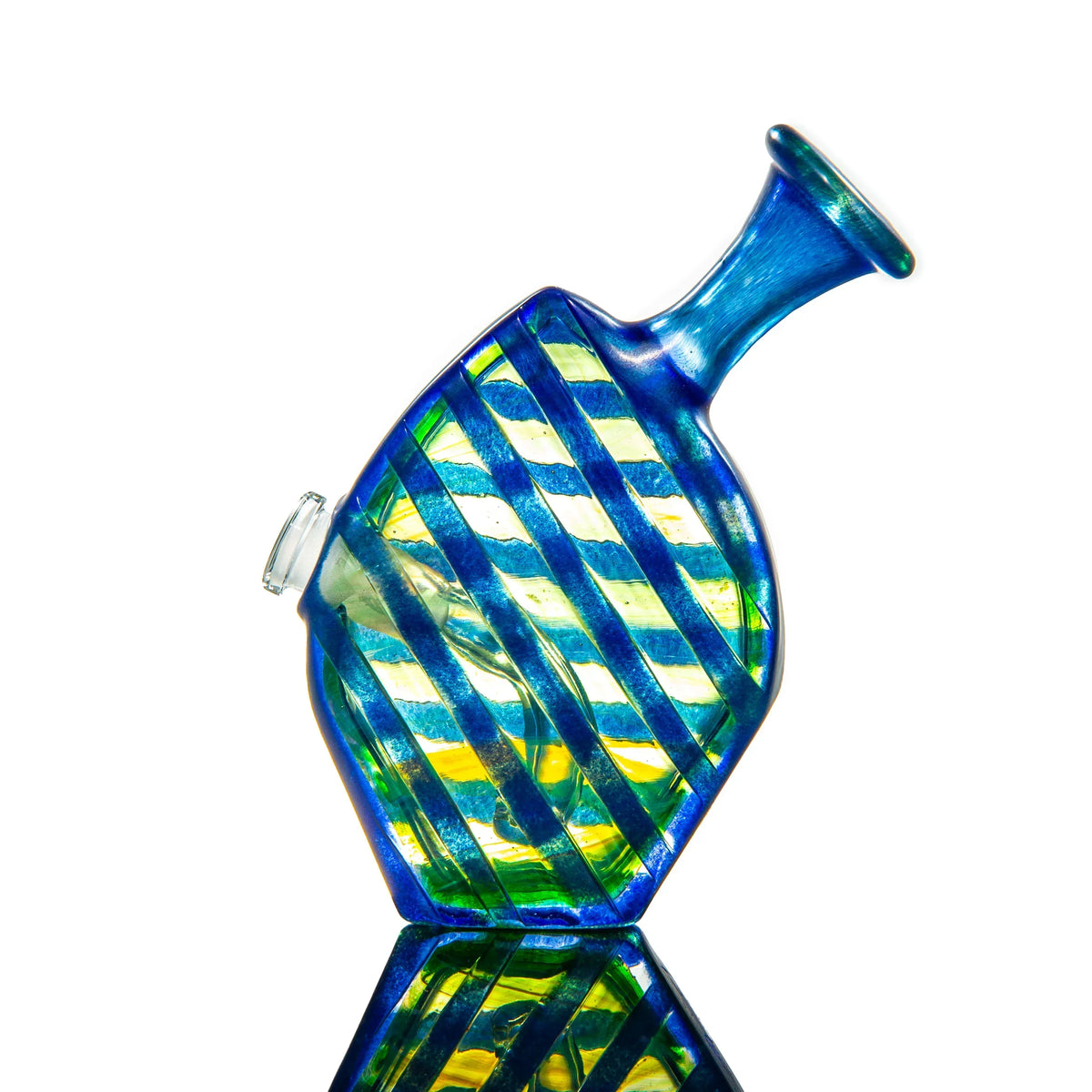 Colorful striped glass smoking pipe with blue and green swirls on white background