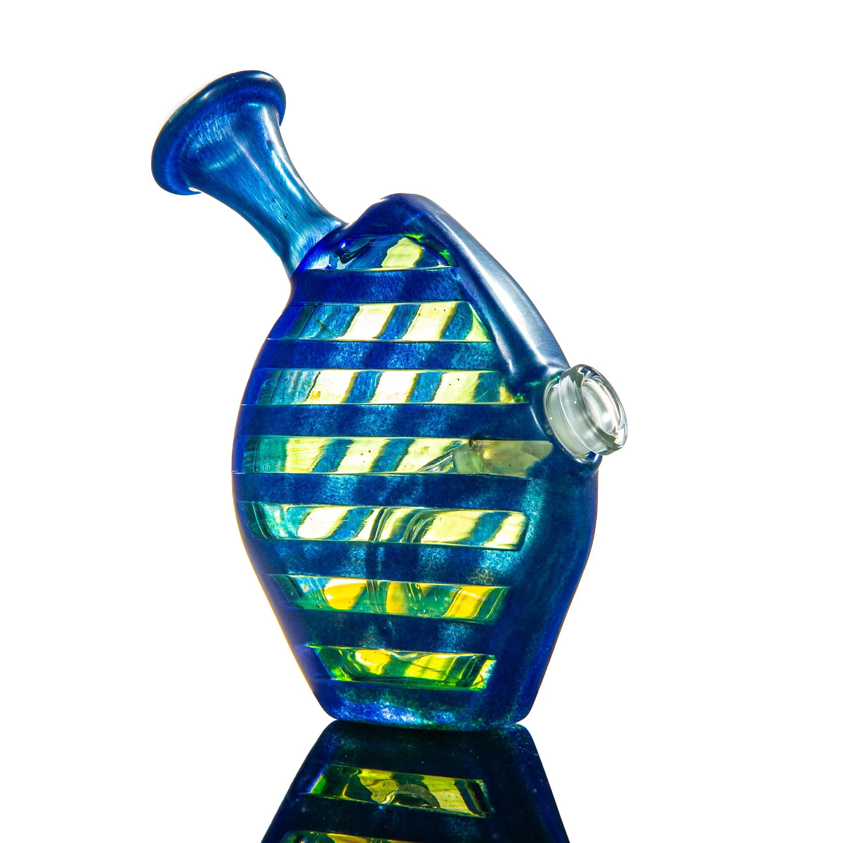 Handcrafted blue and yellow striped glass water pipe with side mouthpiece on white background
