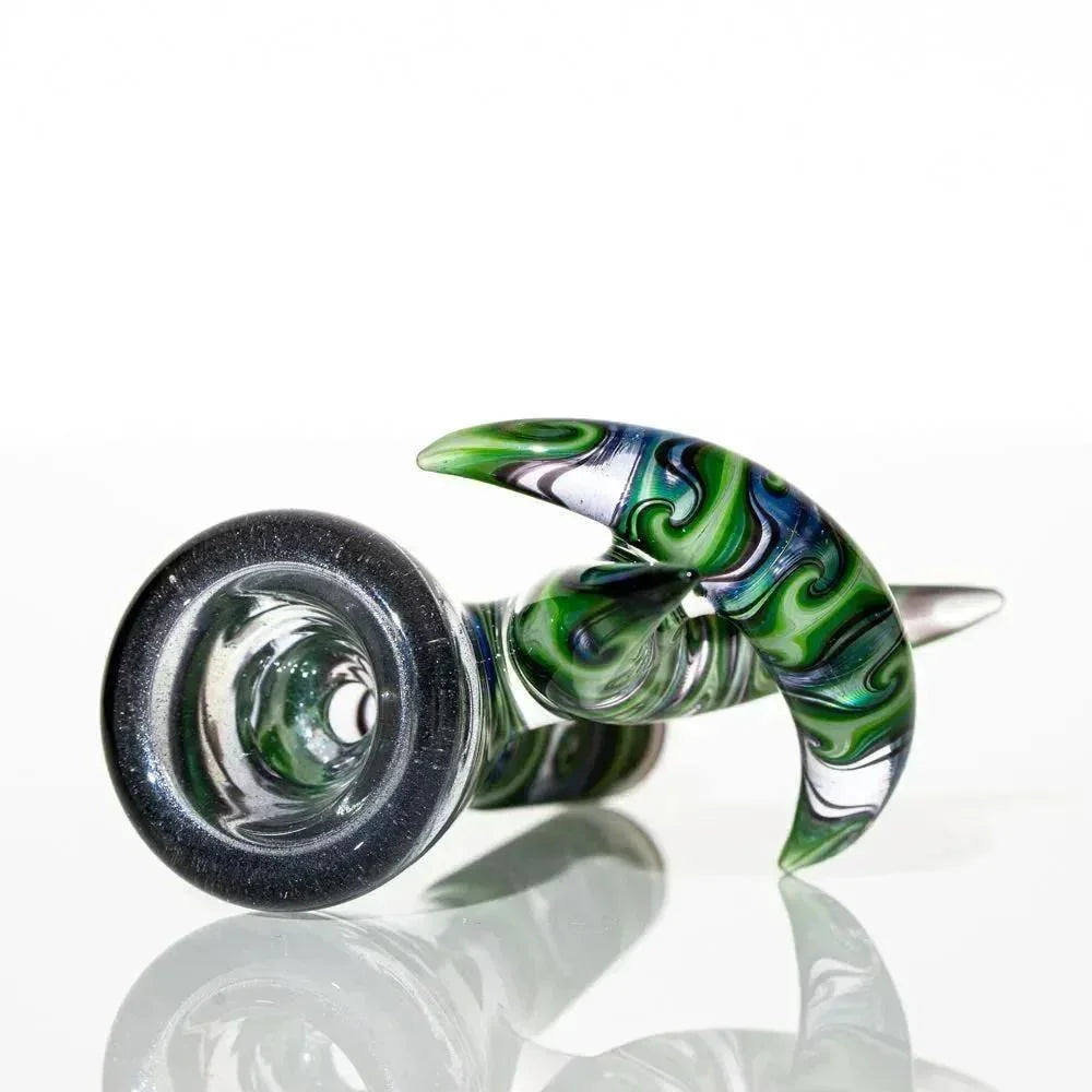 14mm glass bowl slide with green and blue crescent designs, artistic smoking accessory