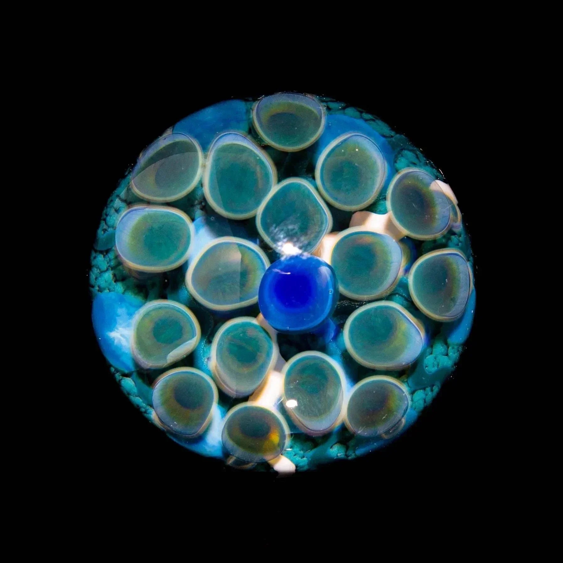 Blue mushroom marble with intricate glass art and organic shapes on black background