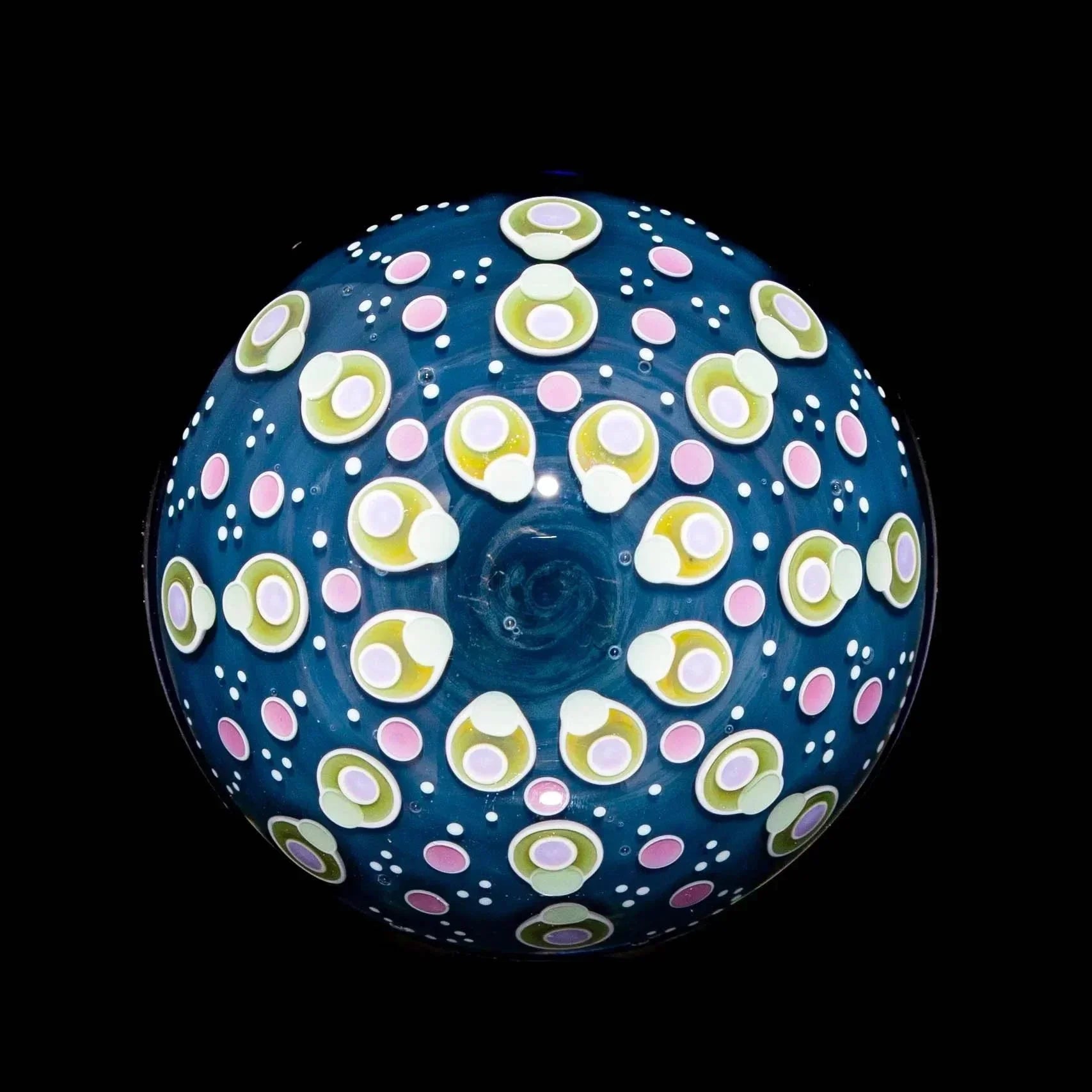 Blue glass marble with colorful mushroom-inspired dot patterns and intricate lampwork design