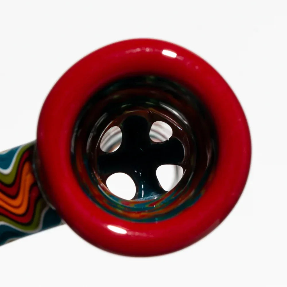 Close-up of a 14mm red rim glass slide with wig wag swirl pattern and multi-hole bowl.