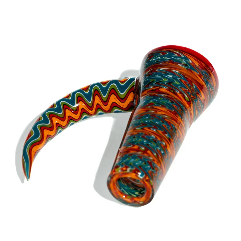 14mm glass slide with red lip and colorful wig wag pattern, curved handle accessory
