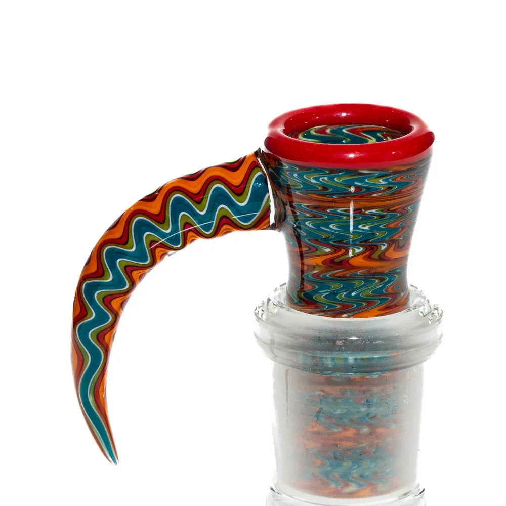 14mm glass slide with red lip and colorful wig wag swirl pattern handle