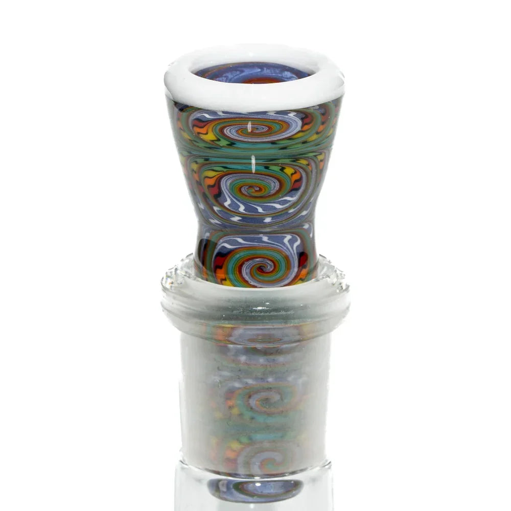 14mm glass slide bowl with colorful wig wag swirl patterns and white lip