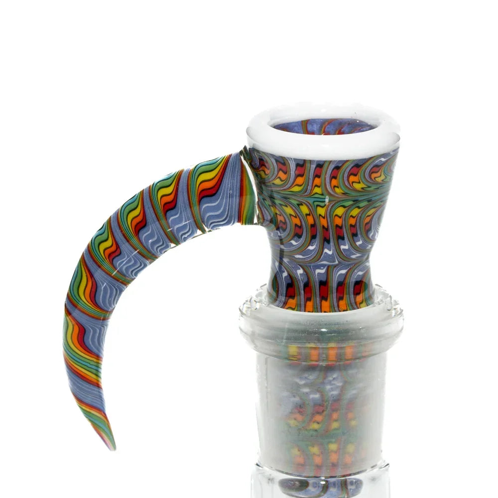 Colorful 14mm glass bowl slide with white lip and intricate wig wag pattern for water pipe