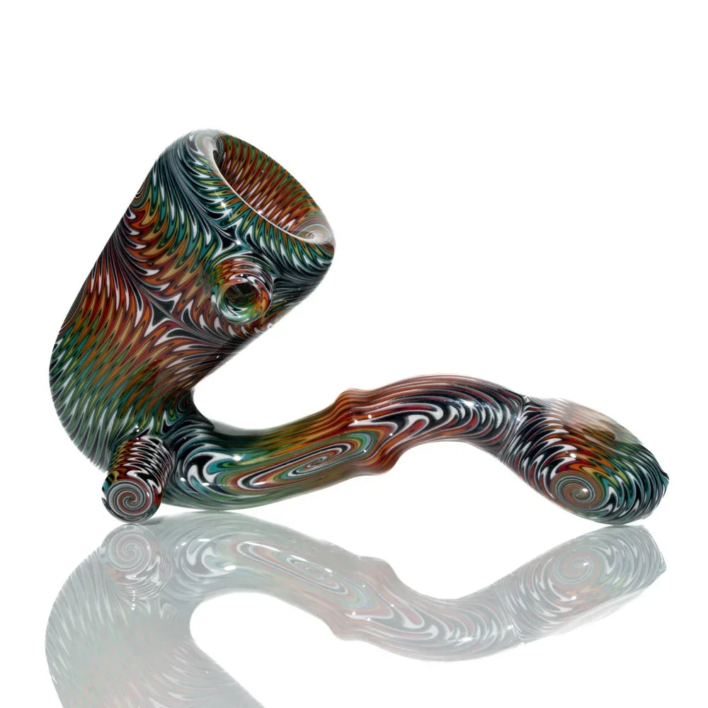 Black rainbow wig wag sherlock glass pipe with colorful swirl pattern on white background