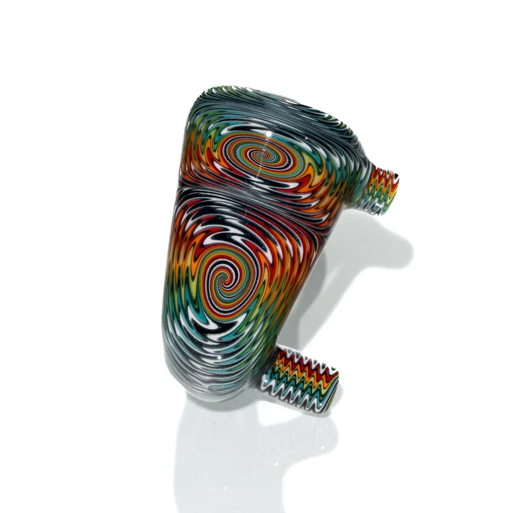 Colorful wig wag glass Sherlock pipe with black, red, green, and white swirl patterns.