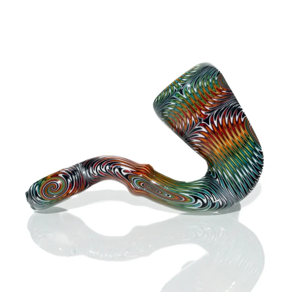 Colorful rainbow wig wag sherlock glass pipe with intricate swirling patterns on white background