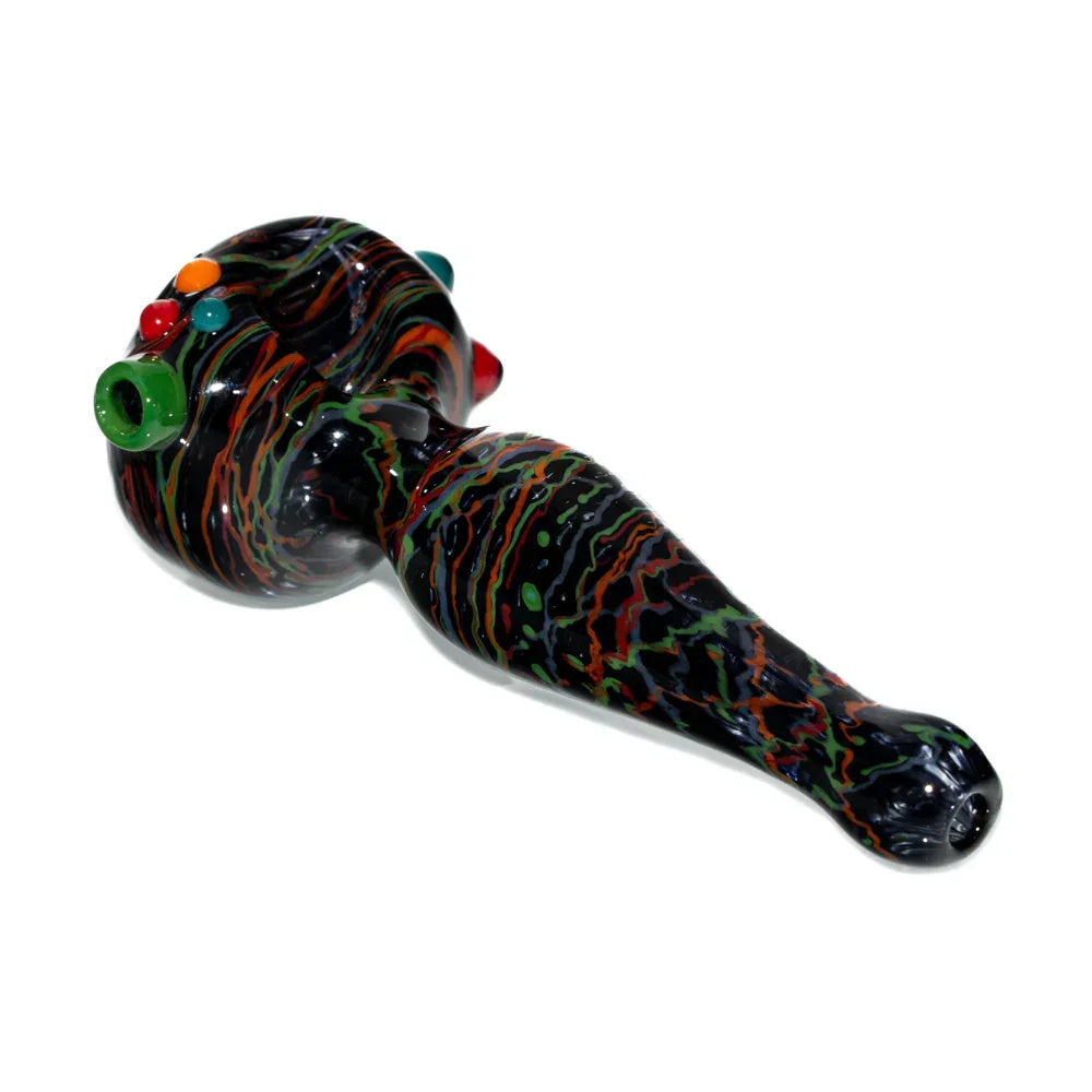 Black glass hand pipe with colorful wig wag patterns and raised glass accents