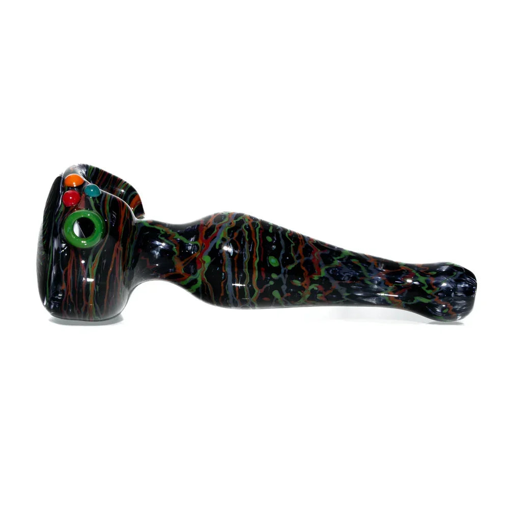 Black wig wag glass spoon pipe with colorful accents and unique swirling patterns