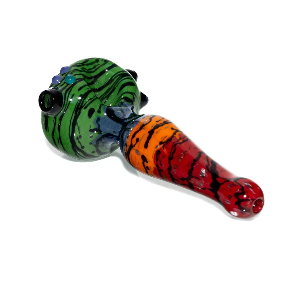Hand-blown glass spoon pipe with green, orange, and red wig wag rainbow pattern