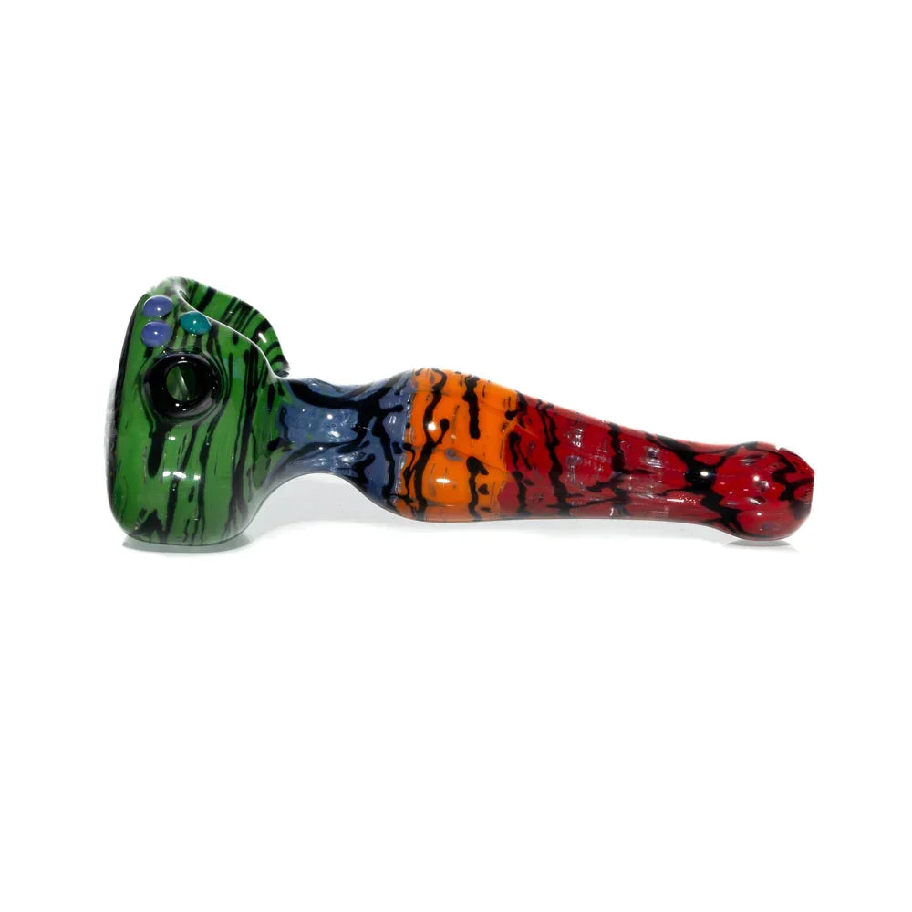 Colorful rainbow wig wag glass spoon pipe with green, blue, orange, and red stripes