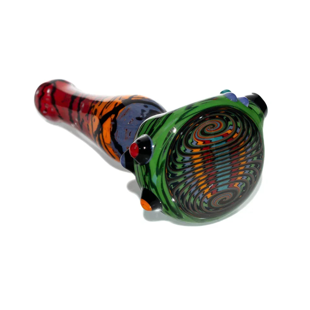 Colorful glass spoon pipe with green rainbow wig wag design and intricate swirls