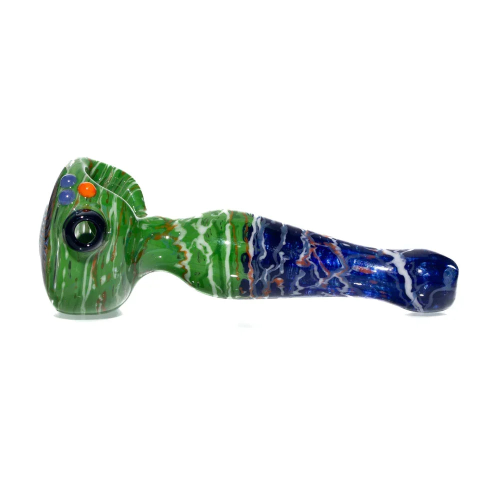 Green and blue hand-blown glass spoon pipe with swirl design and colored accents