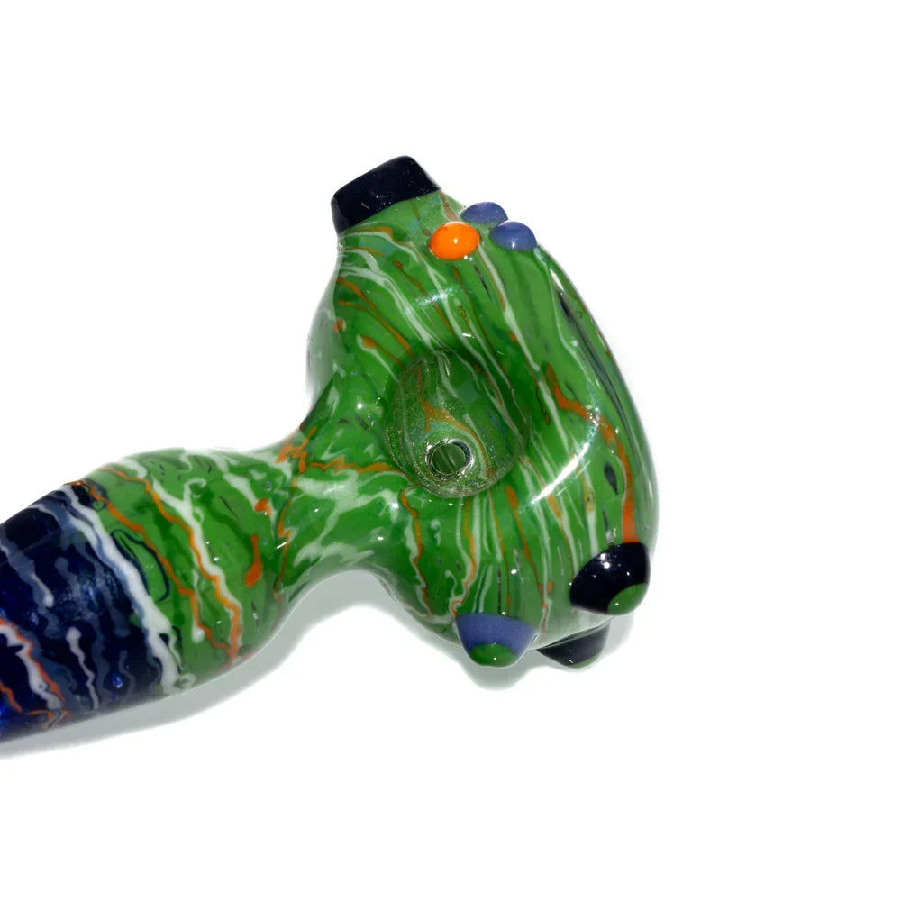 Hand-blown green and navy blue glass pipe with marbled patterns and colorful accents