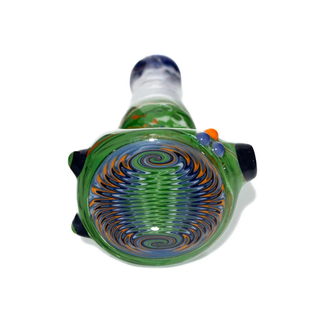 Green and navy wig wag glass hand pipe with colorful spiral pattern and decorative dots