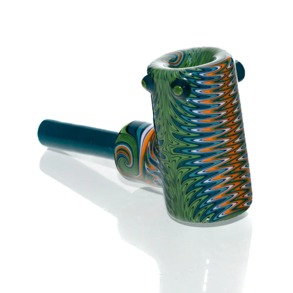 Colorful teal stem glass pipe with vibrant wig wag pattern and corn cob shape