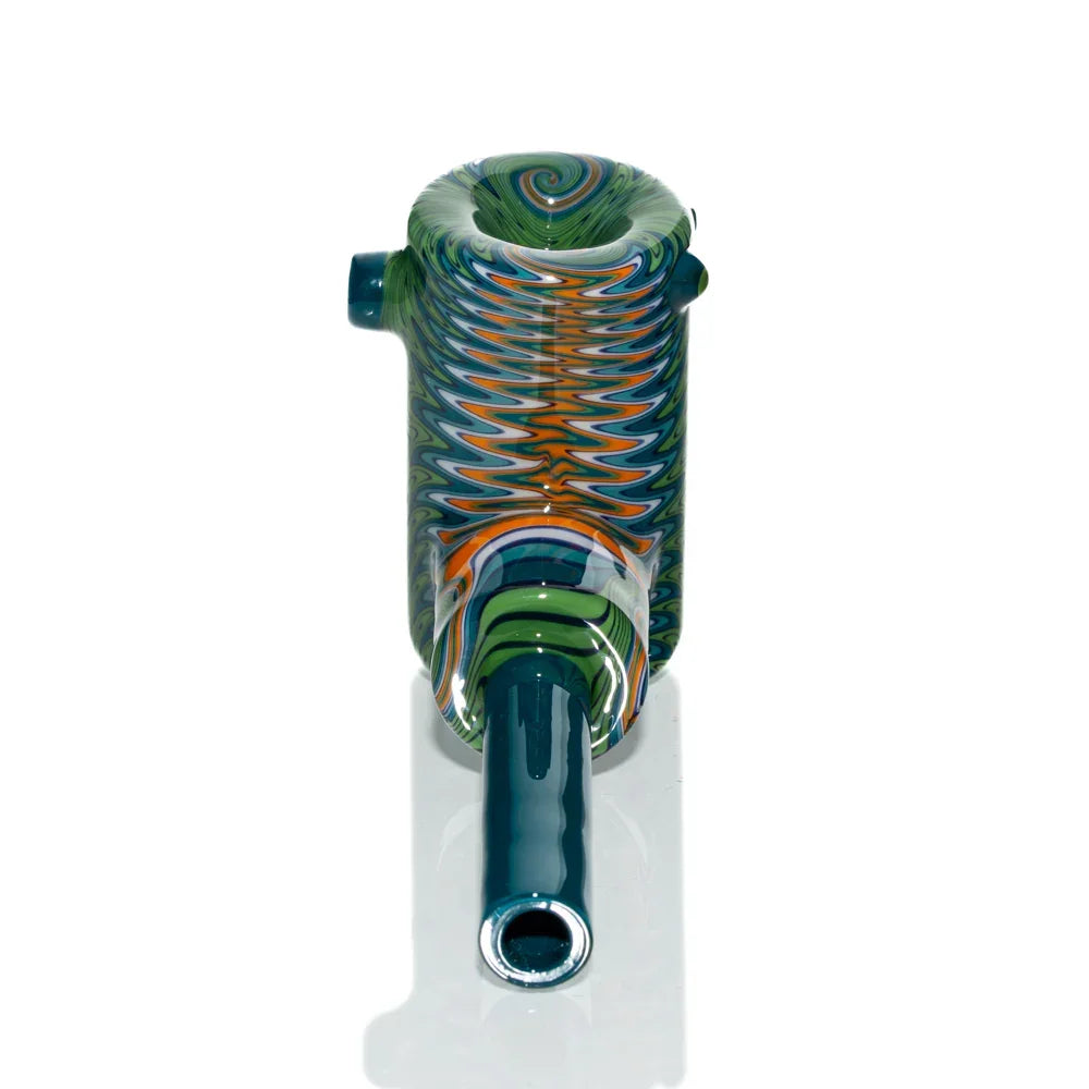 Colorful hand-blown glass chillum pipe with teal, green, and orange wig wag pattern