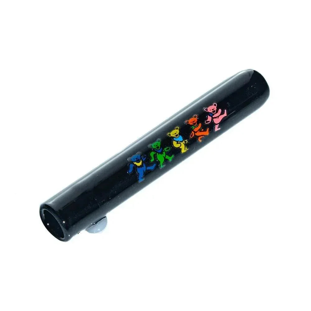 Black glass chillum with colorful dancing bears design on white background