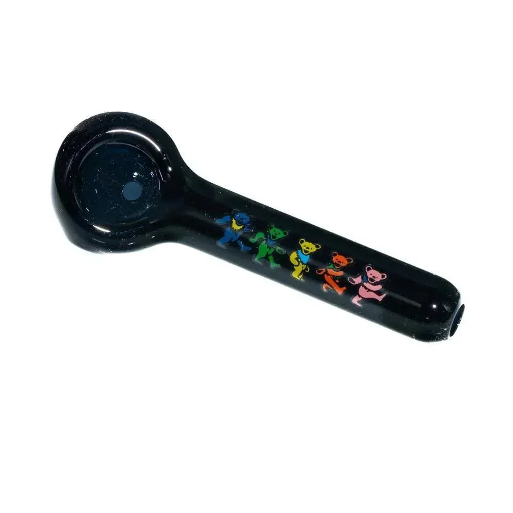 Black glass hand pipe with colorful dancing bear designs on the stem