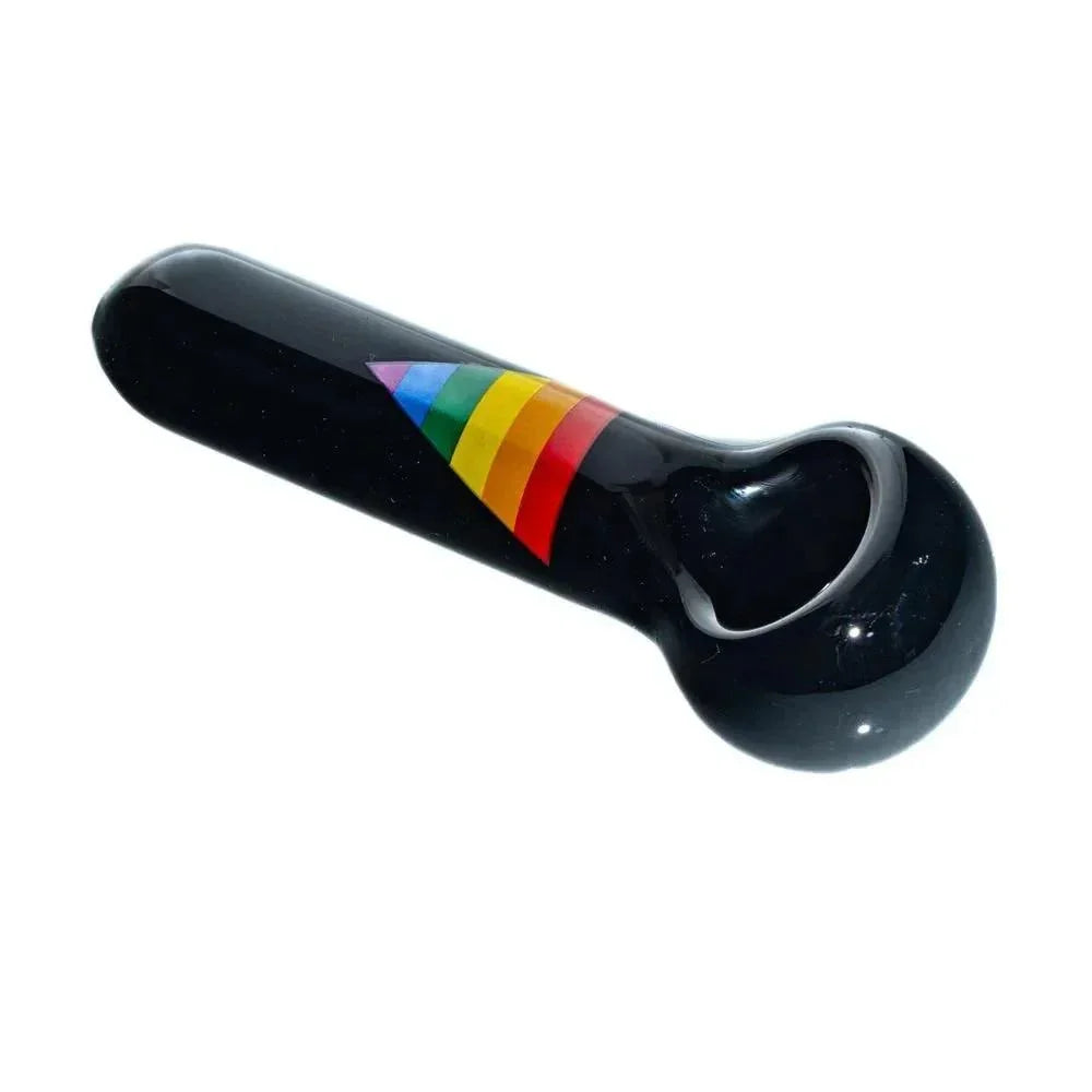 Black glass hand pipe with rainbow pride flag design, isolated on white background.