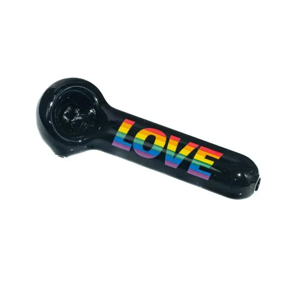 Black glass hand pipe with rainbow 'LOVE' text, cannabis accessory