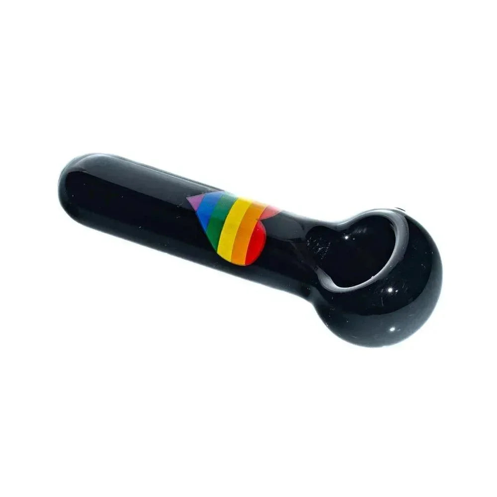 Black glass spoon pipe with a vibrant rainbow heart design on the side, isolated on white.