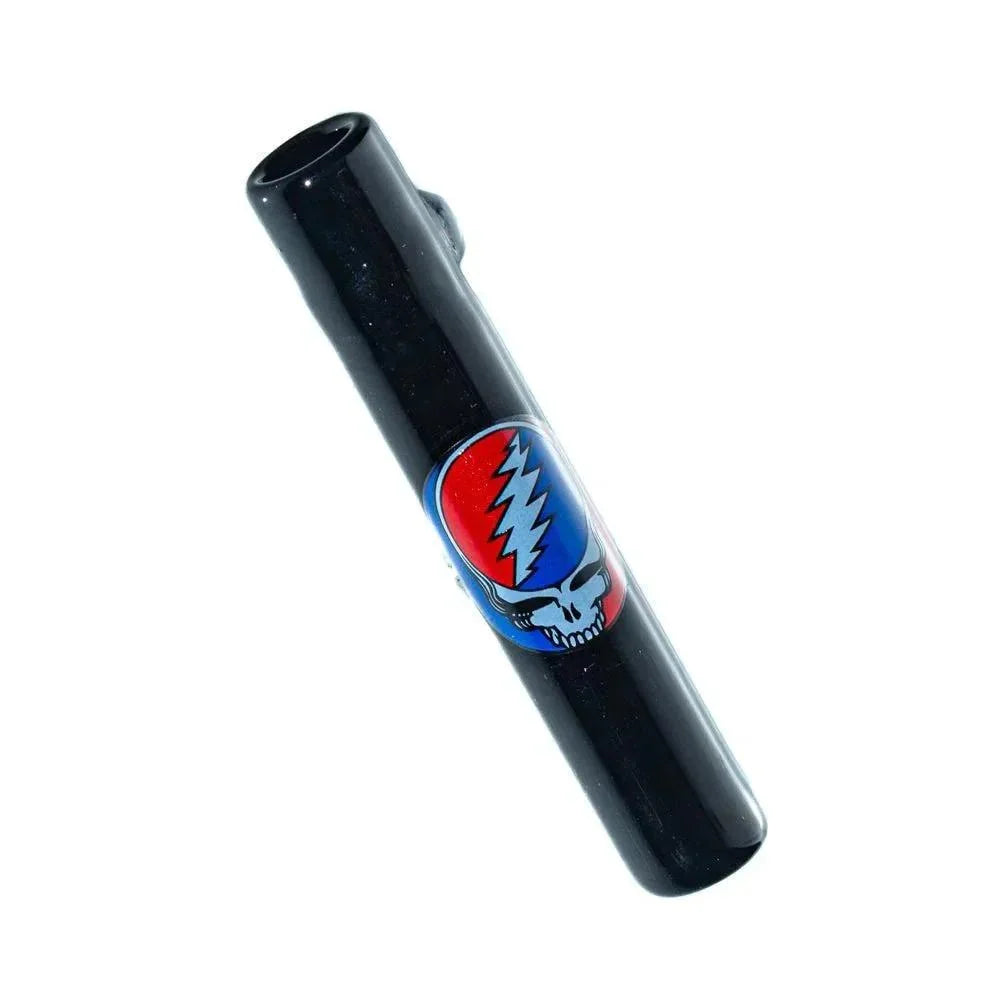Black glass chillum pipe with colorful skull and lightning bolt design
