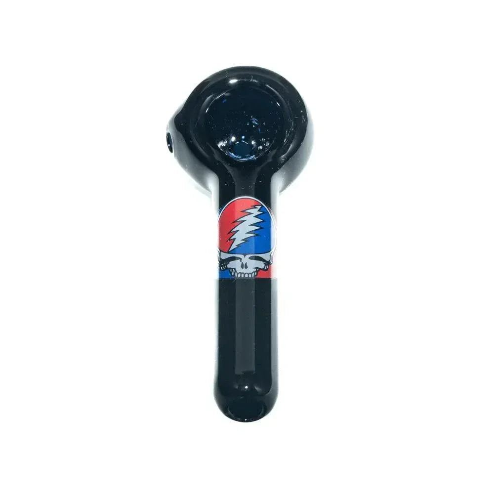 Black glass hand pipe with a colorful skull and lightning bolt design on the stem