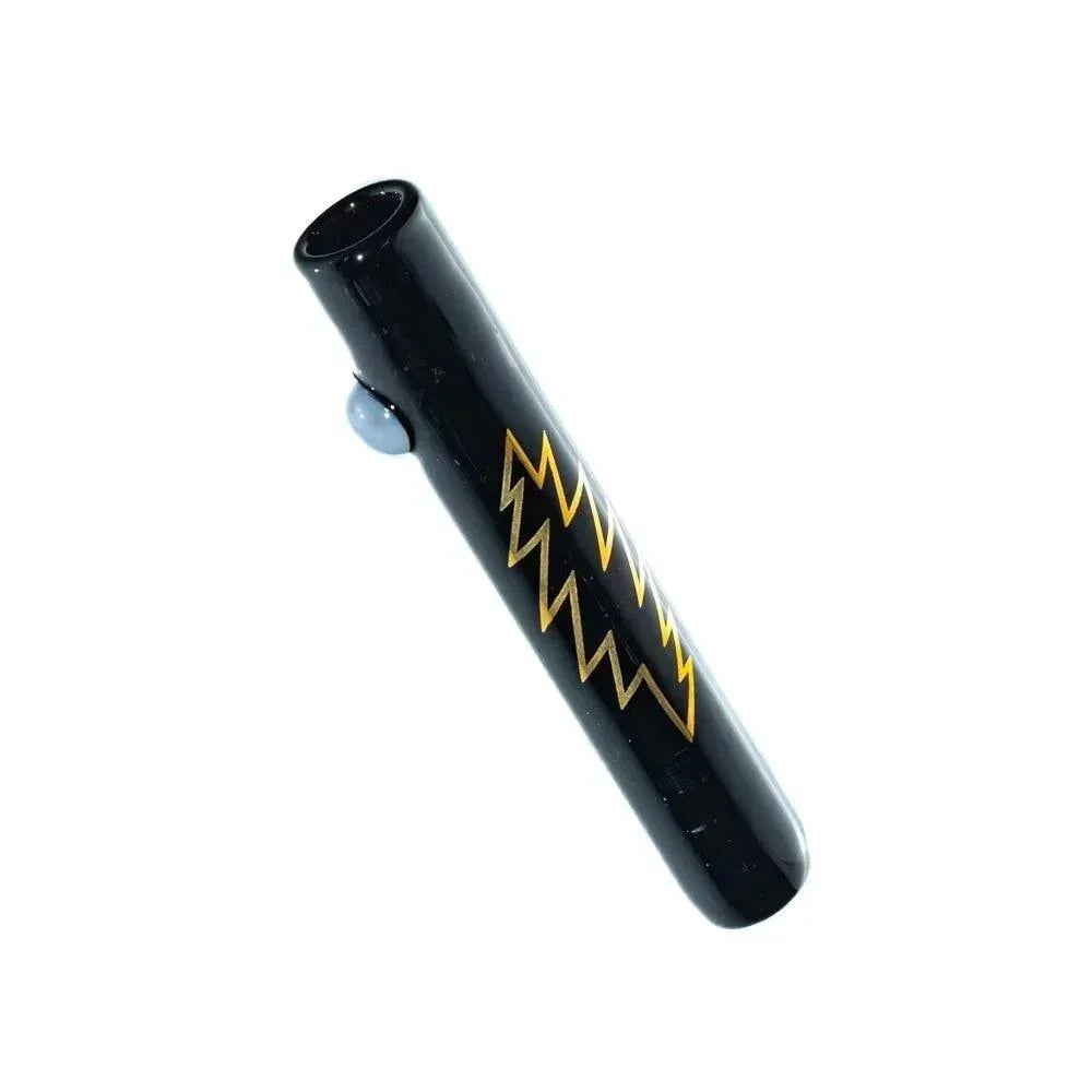 Black glass chillum with gold lightning bolt design on white background