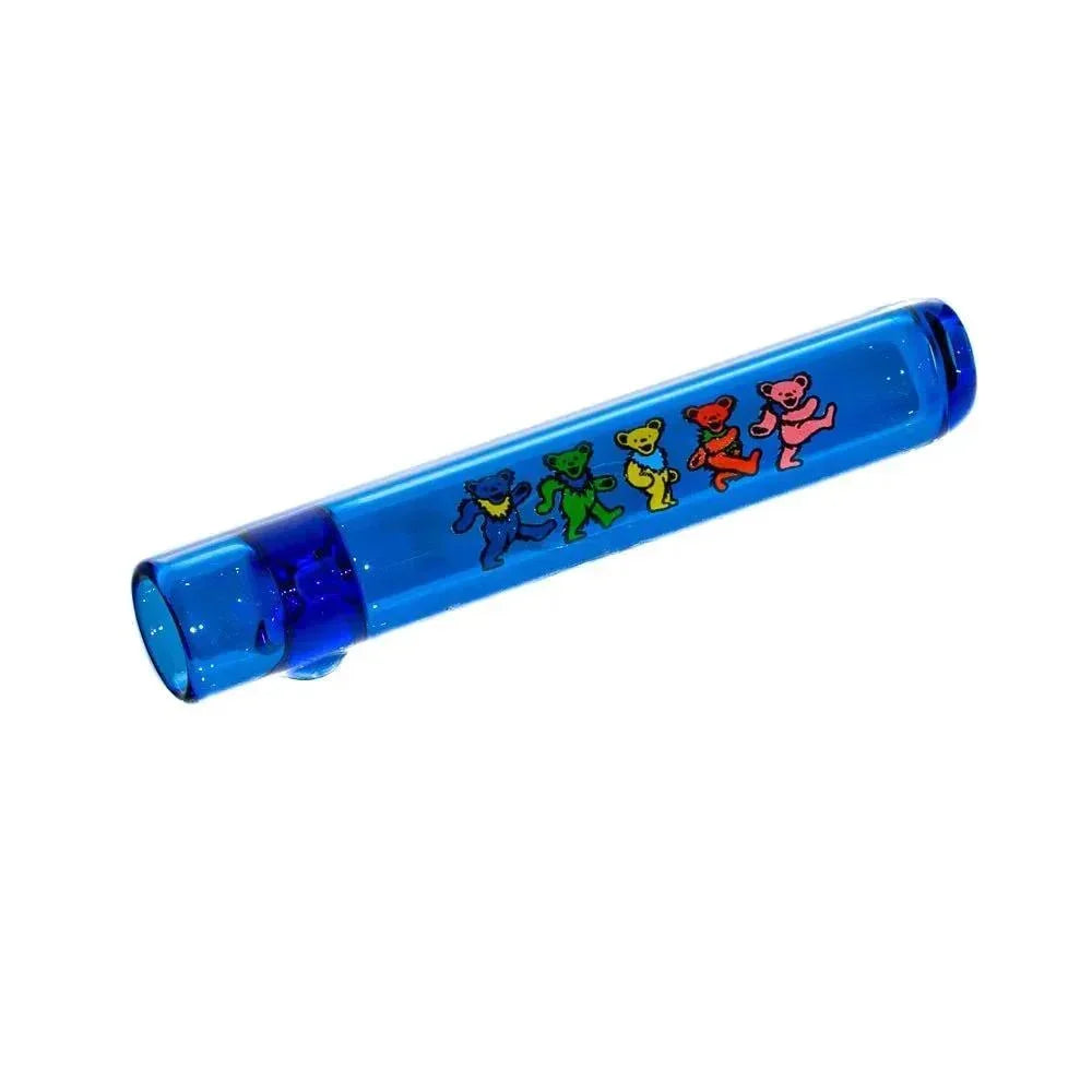 Cobalt blue glass chillum with colorful dancing bear designs on white background