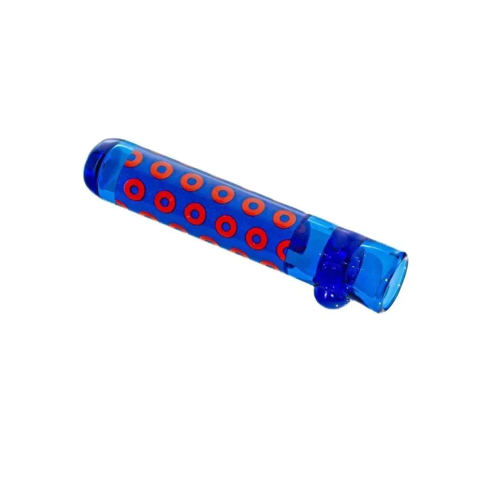 Cobalt blue glass chillum pipe with orange donut pattern on white background