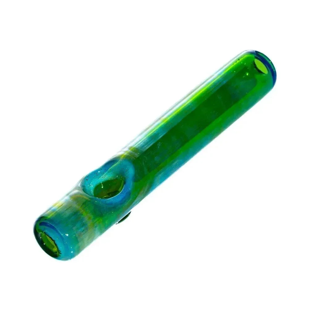 Green glass steamroller pipe with translucent blue accents on a white background.