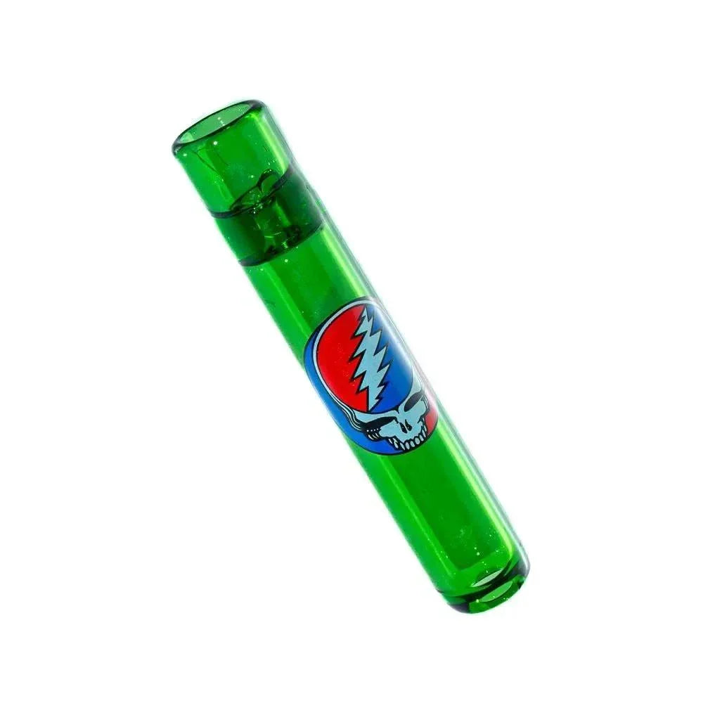 Green glass chillum with colorful skull and lightning bolt design on white background